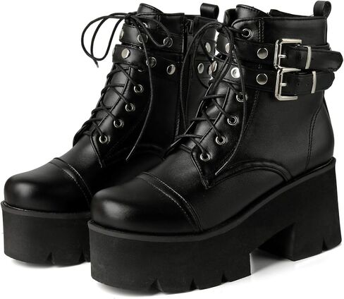 LUXMAX Women Buckle Goth Chunky Platform Ankle Boots Lace Up High Heel Motorcycle Boots with Chain in Saudi Arabia
