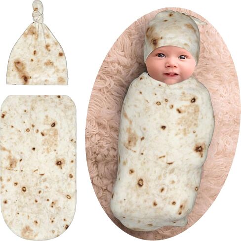 Burrito Tortilla Baby Swaddle Blanket Beanie Set, Soft and Stretchy Taco Newborn Blanket Swaddle Sack Funny Gift for Boy and Girl Baby Shower in Saudi Arabia