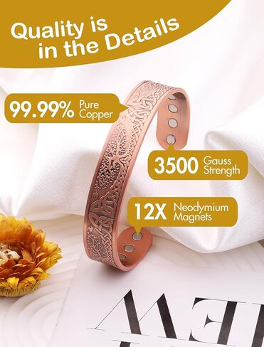 Feraco Copper Magnetic Bracelets for Men Women with Healing Magnets, Tree of Life Pattern, 99.99% Pure Solid Copper Therapy Cuff Bangle, Health Jewelry Gift in Kuwait