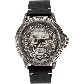 Cool Skull Watch for Men with Leather Band, Fashion Watch Men with Date, Casual Men's Quartz Wrist Watches Relojes Para Hombres, Birthday Gifts for Him Boyfriend Son Brother Husband Dad