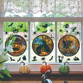 3 Pcs Halloween Window Stickers Scary Black Cat Pumpkin Stained-Glass Windows Electrostatic Halloween Party Decorated Window Stickers