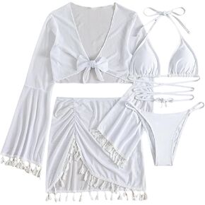 Verdusa Women's 4pack Halter Triangle Bikini Swimsuit with Tassel Cover Up Set
