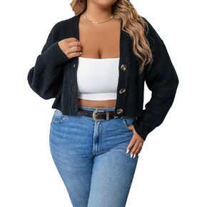 GORGLITTER Women's Plus Size V Neck Open Front Cropped Cardigan Sweaters Long Sleeve Ribbed Knit Crop Outerwear in Saudi Arabia