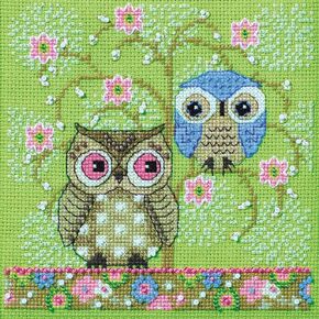 Mill Hill Spring Owls Beaded Counted Cross Stitch Kit 2024 Debbie Mumm Artful Owls Collection DM302411, 5 inches x 5 inches, Multicolor