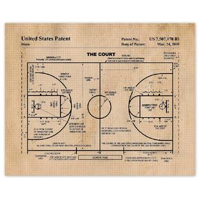 Vintage Game Court Diagram Patent Prints, 1 (11x14) Unframed Photos, Wall Art Decor Gifts for Home Basketball Office Gears Garage Shop School Gym College Student Teacher Coach National Champs Team Fan