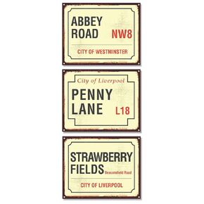 Abbey Road, Penny Lane, Strawberry Fields - Set of 3 - Vintage Recording Studio Decoration and Music Room Art, Famous Landmark Road Decor, Rustic Street Sign Gift, 11x14 Unframed Typography Art Print