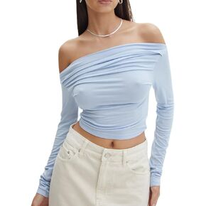 Women Y2K Off Shoulder Tee Top Long Sleeve Slim Fit Crop Top Low Cut Backless Stretchy T-Shirts Streetwear