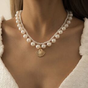 Dainty Pearl Clavicle Chain Choker Necklace Shell Pendant Necklace Layered Necklace for Women and Girls
