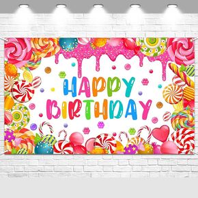 Avezano Candyland Birthday Banner Sweet Candy Birthday Party Backdrop for Kids Colorful Lollipops Dessert Themed Bday Party Decorations Photo Props, 70.8x43.3inch