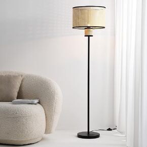 Nakuv - Modern Bohemian Floor Lamp with 2 Tier PVC Rattan Shade and Velvet Stiched Rim for Foyer, Kitchen Living Room, Bedroom, Beige