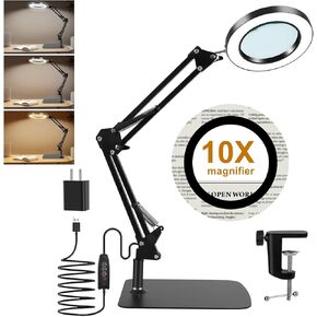 10X Magnifying Glass with Light and Stand,2-in-1 Magnifying Desk Lamp with Clamp,3 Color Modes,Stepless Dimmable LED Magnifying Lamp for Hobby Craft Reading Painting Sewing Close Work-Black
