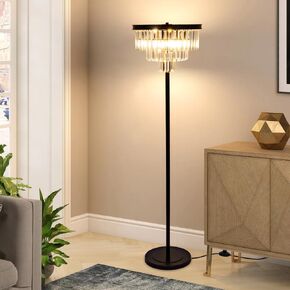 Wellmet 4 Lights Black Floor Lamp, Modern 3 Tiers Crystal Standing Lamp for Living Room Bright Lighting, Elegant Tall Crystal Floor Lamp with Foot Switch for Reading Room, Bedroom, Office (E12 Base)