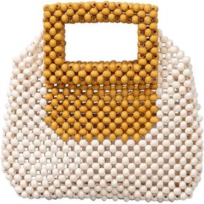 Women Retro Wood Beaded Small Tote Bag Summer Girls Natural Handmade Woven Purse Handbag For Party Beach Vacation