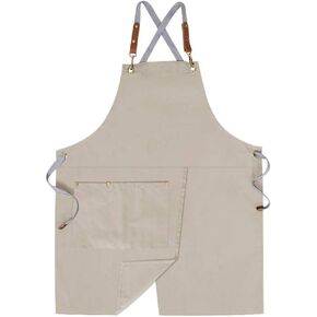 Mignongirl Crossback Apron with Pockets x2,Split Apron with Adjustable Straps,M-XXL (Beige)
