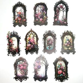 10pcs PET Transparent Vintage Window Flower Stickers Decals Bulk for Scrapbooking Resin Journaling Water Bottles Crafts Windows Glass Tumblers Doors Envelopes Wall (Purple)