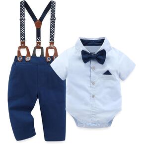 Baby Boy Suit Clothes Set Formal Infant Gentleman Outfits, Dress Shirt with Bowtie + Suspender Pants 0-24 Months