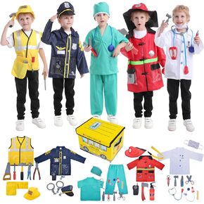 TopTie 5 Sets Kids Costumes with Storage Box, Dress Up Costumes for Age 3-7, Doctor Fireman Police Surgeon Worker