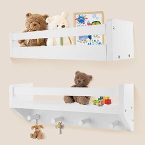 Dual Protection Floating Bookshelves for Wall Décor Set of 2, White Wood Floating Bookcase，in The Bathroom, Living Room, Bedroom with Books, Toys, Plants, Paintings, Picture Frame