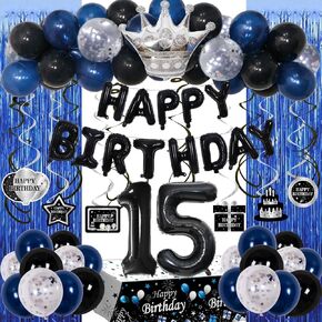 15th Birthday Decorations for Boys, Blue Black Happy 15th Birthday Decorations Boy 15 Year Old Birthday Balloons Banner, Tablecloth, Fringe Curtains Hanging Swirls Sweet 15 Bday Party Decor for Girls