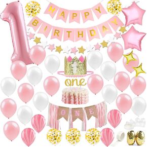 Baby Girl First Birthday Decorations - 1st Birthday Girl Decoration Pink Gold Party Supplies - Happy First Birthday Banner, Number 1 Balloon and Crown, Balloon Arch, High Chair Banner, ONE Cake Topper