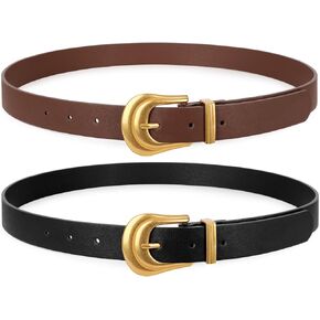 LEACOOLKEY Women Western Belt Fashion Leather Belt with Gold Buckle for Jeans Pants Total Length Suit Waist Size 24"-26"