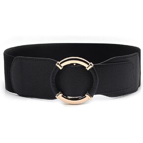 Women's Elastic Wide Waist Belt Stretchy Retro Cinch Belts Fashion Waistband with Circle Buckle for Dresses Coat -Black
