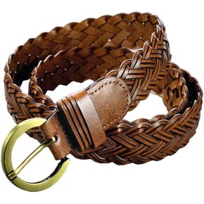 Women Leather Braided Belts for Dress 3.5CM/1.4 Inch Wide Hand Made Girls Woven Wasitbands with Golden Pin Buckle