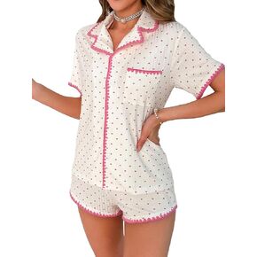 Cozyease Women's 2 Piece Heart Print Short Sleeve Button Front Contrast Binding Lounge Pajama Set