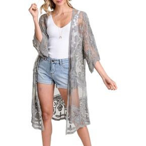 Youuxooa Women's Lace Cardigan Sexy Mesh Beach Cover Ups Long Lace Kimono