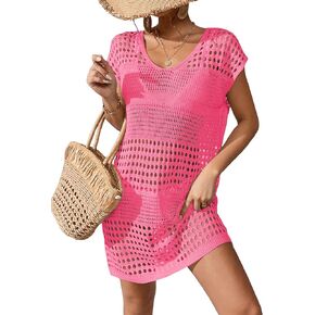 Milumia Women's Swimsuit Short Sleeve Crochet Cover Up Dress Hollow Out Knit Beach Dress