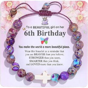 6th/7th/8th/9th/10th/11th/12th/13th/Girls Birthday Gift Cross Natural Stone Bracelet, for Daughter Granddaughter Friend Niece Teenage Girl Beaded Fashion Bracelet