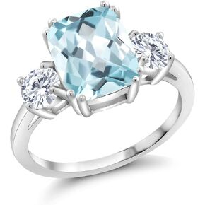 Gem Stone King 925 Sterling Silver Sky Blue Simulated Aquamarine and White Moissanite 3 Stone Ring For Women (3.36 Cttw, Cushion Cut 10X8MM, Round 4.5MM, Gemstone, Available In Size 5, 6, 7, 8, 9)