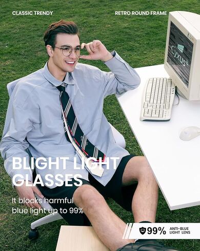 Cyxus Round Blue Light Glasses for Men Women Wire Frame UV Blocking Computer Glasses Clear Lens Metal Ultra Light Eyewear in Kuwait
