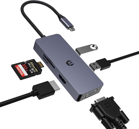 6 Ports USB C Adapter, USB C Hub, Triple Monitor USB C to HDMI, VGA, Multiport USB C Hub with USB A, SD/TF Card Reader, Dongle for USB C Laptop and Other Devices in Saudi Arabia