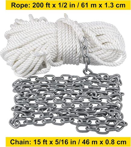 VEVOR مرساة رود وسلسلة، 15 × 5/16 بوصة سلسلة مرساة للقارب، 1/2 بوصة × 200 بوصة حبل نايلون، 2.2T سلسلة التوتر سلسلة الصلب المجلفن، نايلون ملتوي من ثلاثة خيوط من الدرجة الريحية، سلسلة مرساة للقوارب والسفن in Saudi Arabia