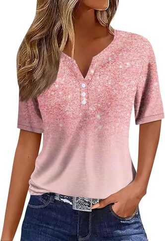 Henley Shirts for Women Buttons Sexy Shirts Short Sleeve Dressy Blouses 2024 Geometric Print Tops in Saudi Arabia