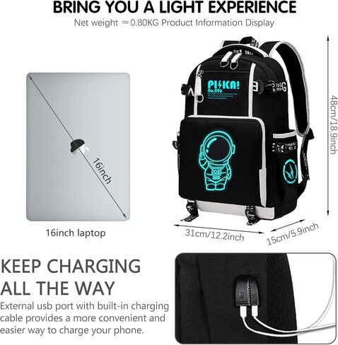 حقيبة ظهر للأولاد حقيبة سفر بتصميم الرسوم المتحركة حقيبة ظهر للكمبيوتر المحمول بنمط مضيء - حزام كتف قابل للتعديل حقيبة مدرسية مضادة للماء مع منفذ شحن USB وحقيبة أقلام بقفل مختلط in Kuwait