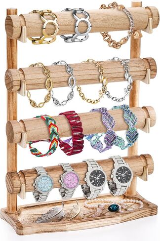 حامل عرض سوار من 4 طبقات من ديكونوي، رف عرض إكسسوارات مجوهرات خشبية، حامل منظم سوار ريفي للساعة، الإسورة، القلادة، الخواتم، تخزين ربطات العنق in Kuwait