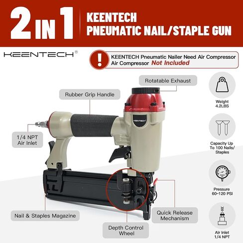 Pneumatic Staple Gun, 2 in 1 Nail Gun, 18 Gauge Brad Nailer with Depth Control, Adjustable Nailgun, Air Power Wood Nailers, Upholstery Crown Stapler for Woodworking, Carry Case, KT5040C in Saudi Arabia