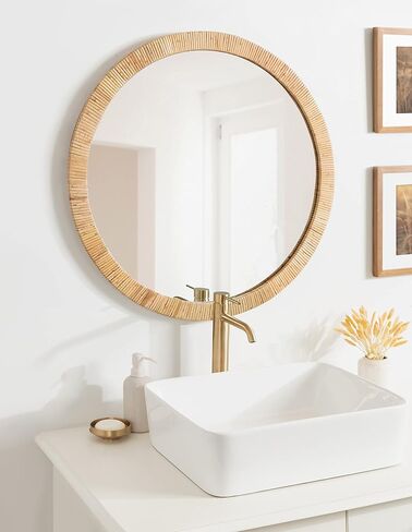 Kate and Laurel Rahfy Boho Round Rattan Mirror, 28 Inch Diameter, Natural Wood, Decorative Round Wood Mirror with Authentic Rattan Frame for Boho Wall Decor in Kuwait
