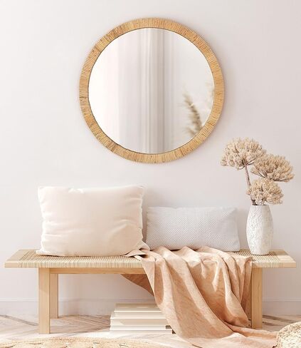 Kate and Laurel Rahfy Boho Round Rattan Mirror, 28 Inch Diameter, Natural Wood, Decorative Round Wood Mirror with Authentic Rattan Frame for Boho Wall Decor in Kuwait