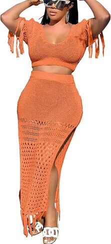 2 Piece Outfits for Women Sexy Crochet Tassel Split Midi Dress Summer V Neck Knitted Hollow Crop Tops Y2K Streetwear in Saudi Arabia