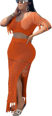 2 Piece Outfits for Women Sexy Crochet Tassel Split Midi Dress Summer V Neck Knitted Hollow Crop Tops Y2K Streetwear in Saudi Arabia