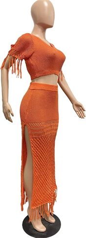 2 Piece Outfits for Women Sexy Crochet Tassel Split Midi Dress Summer V Neck Knitted Hollow Crop Tops Y2K Streetwear in Saudi Arabia