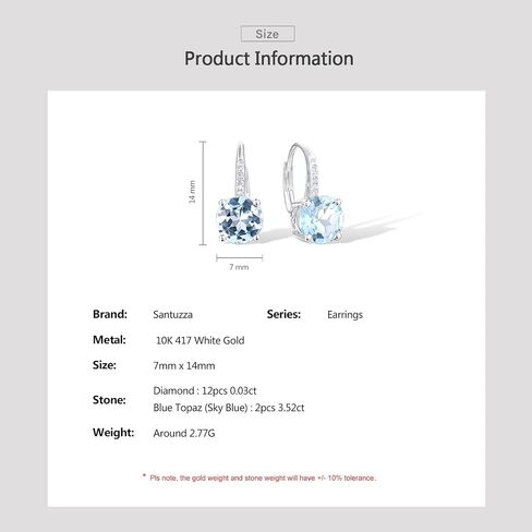 Santuzza 10K White Solid Gold Round Shape Blue Topaz Genuine Diamond Leverback Dangle Earrings for Women in Saudi Arabia