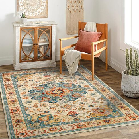 سجادة منطقة CHICHIC مقاس 5 × 7 سجادة غرفة نوم كبيرة قابلة للغسل سجاد منطقة بوهو لهجة شرقية سجادة مضادة للانزلاق سجادة أرضية كلاسيكية ناعمة لغرفة المعيشة وغرفة الطعام وغرفة الغسيل والمكتب، أزرق in Kuwait