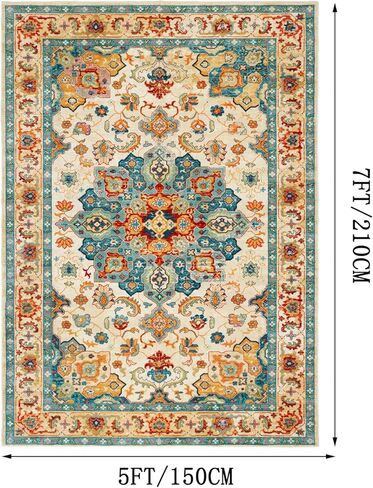 سجادة منطقة CHICHIC مقاس 5 × 7 سجادة غرفة نوم كبيرة قابلة للغسل سجاد منطقة بوهو لهجة شرقية سجادة مضادة للانزلاق سجادة أرضية كلاسيكية ناعمة لغرفة المعيشة وغرفة الطعام وغرفة الغسيل والمكتب، أزرق in Kuwait