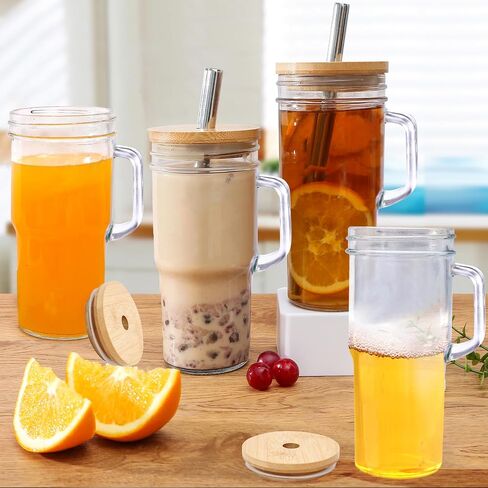 24oz Glass Cup with handle - glass cup with bamboo lids and straw 2pack… in Saudi Arabia