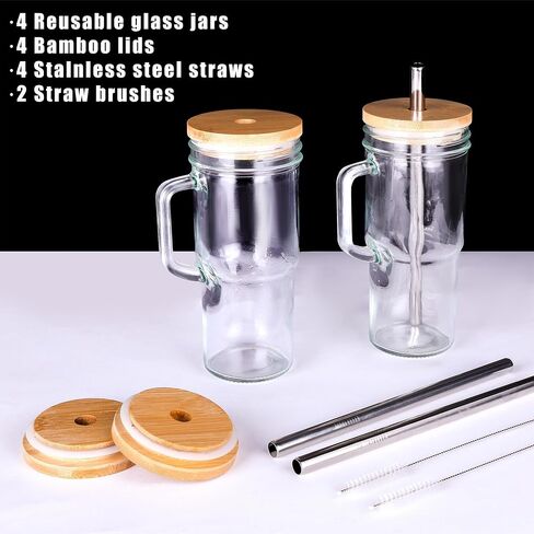 24oz Glass Cup with handle - glass cup with bamboo lids and straw 2pack… in Saudi Arabia