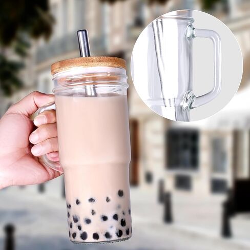 24oz Glass Cup with handle - glass cup with bamboo lids and straw 2pack… in Saudi Arabia